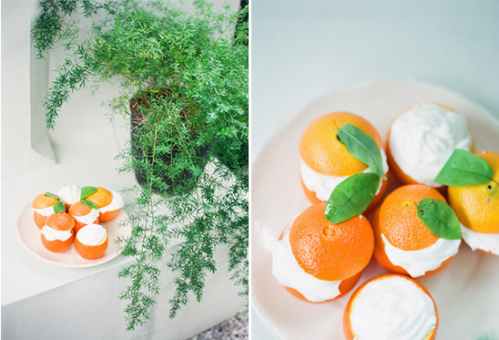 Oranges with cream dessert on a plate near a green plant
