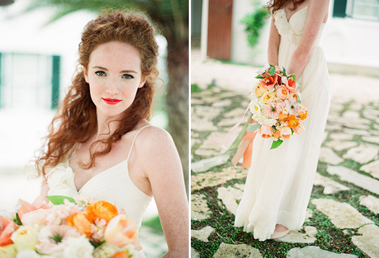 Beautiful redhead bride with bouquet of colorful flowers