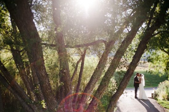 Bride and groom share a kiss under sunlit trees on their wedding day