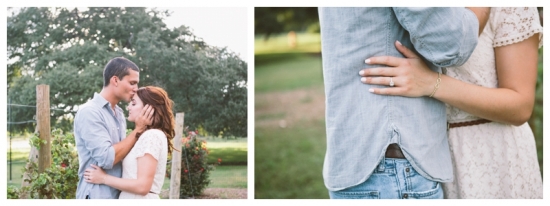 Here are a couple of options:

*   Engaged couple embracing in a garden setting
*   Romantic engagement photo outdoors with a ring

Both are under 50 characters and describe the image well