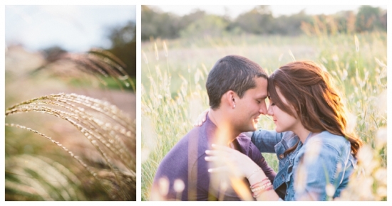 Romantic couple in a field of tall grass at sunset