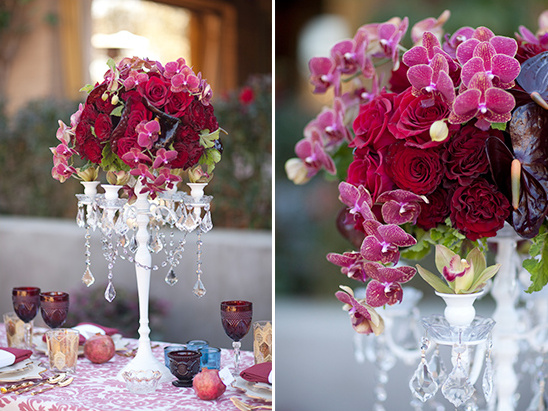 Romantic floral centerpiece, rich reds and pinks
