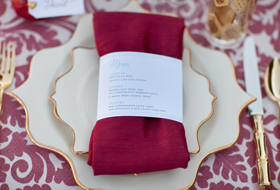 Burgundy napkin with menu details