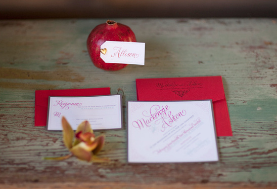 Wedding invitations with pomegranate and orchid