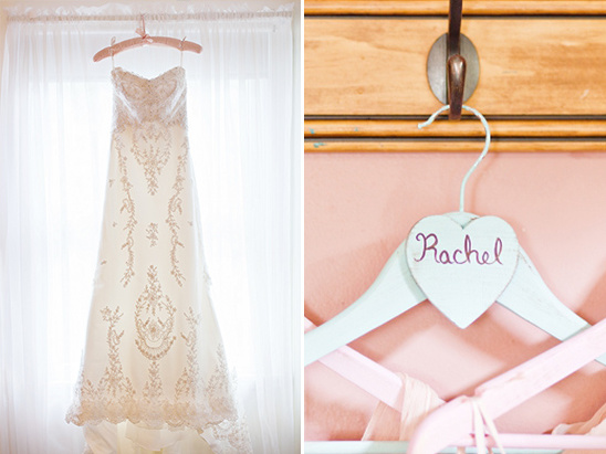 Elegant wedding dress hanging, bridal gown