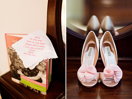 Wedding details personalized handkerchief and Badgley Mischka shoes
