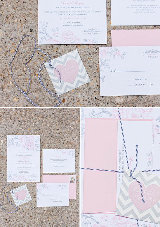 Pink and gray wedding invitations with floral design