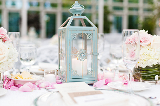 Pastel blue lantern centerpiece with candle, wedding decor