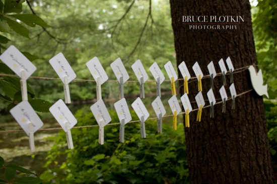 Wedding place cards strung on twine