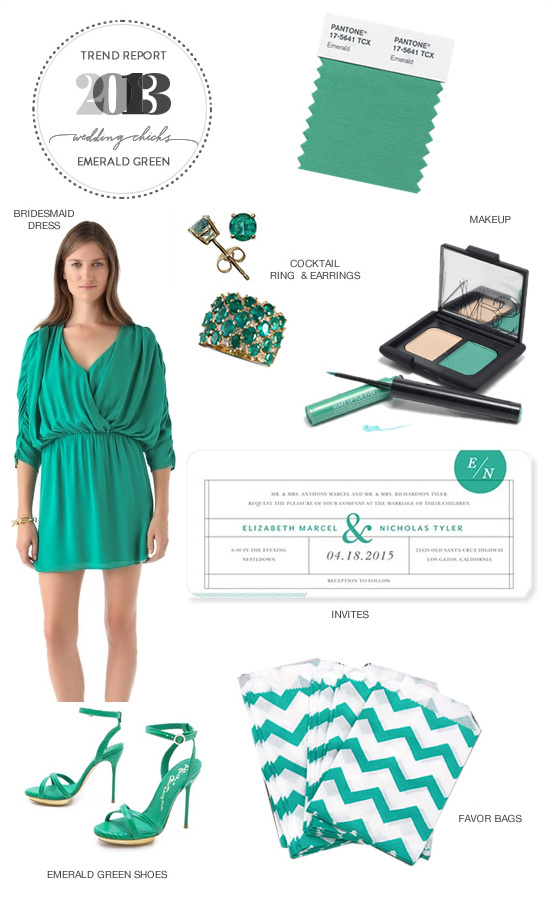 Emerald green wedding theme items, dress, shoes, favors
