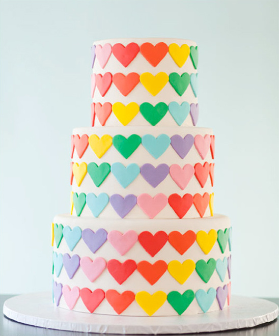 Rainbow heart cake, colorful tiers