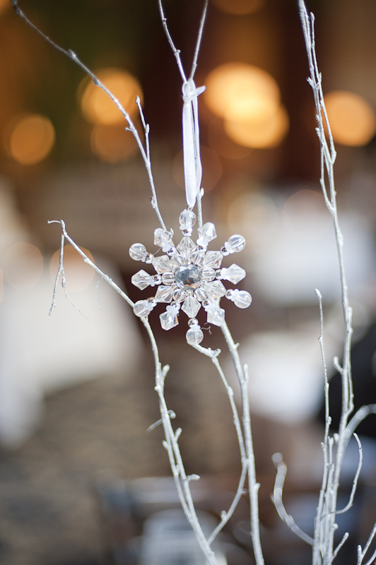 Crystal snowflake ornament on winter branches