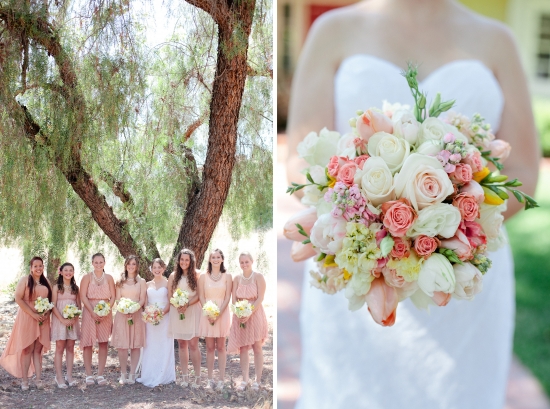 Pretty pastel wedding bouquet, bride and bridesmaids