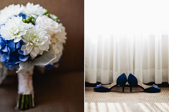 Blue and white bridal bouquet and satin high heel shoes