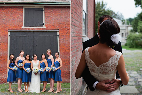 Bride groom bridesmaids at barn wedding venue outdoors