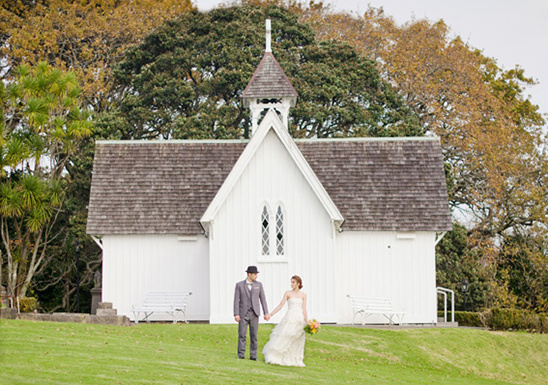 Bride and groom at idyllic chapel wedding venue