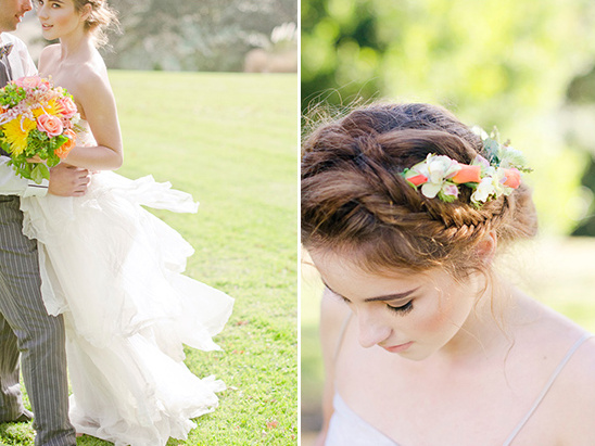 Bride with flower crown and flowing dress at wedding