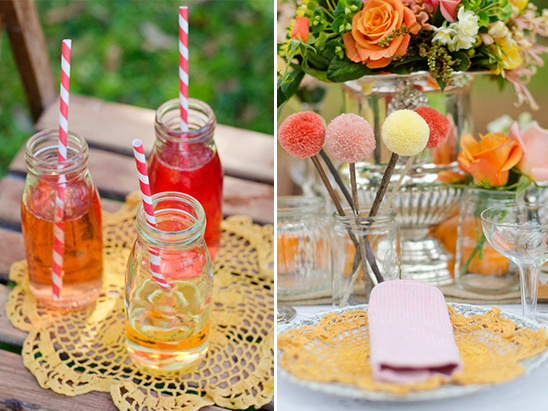 Festive party decorations including drinks and flower arrangements