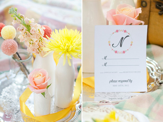 Vintage wedding invitation with floral arrangements display