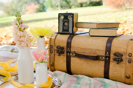 Vintage picnic with flowers camera and old suitcase