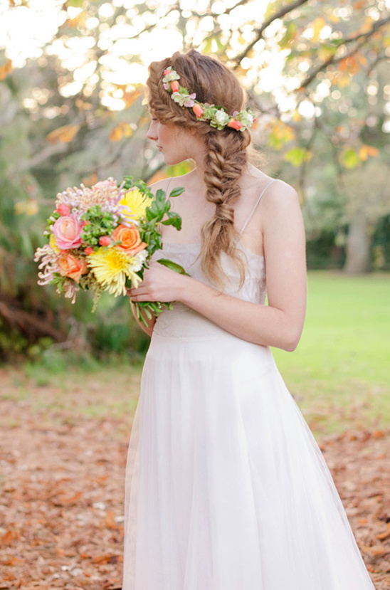 Bridal fishtail braid flower crown and bouquet