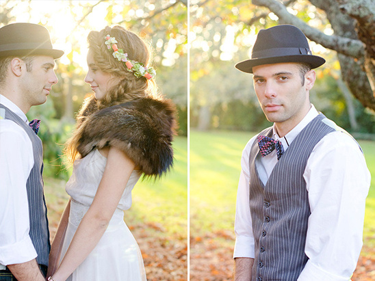 Vintage Wedding Couple with Hats and Fur Stole