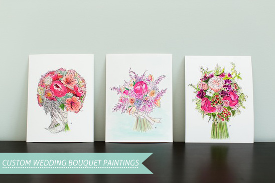 Three watercolor paintings of custom wedding bouquets