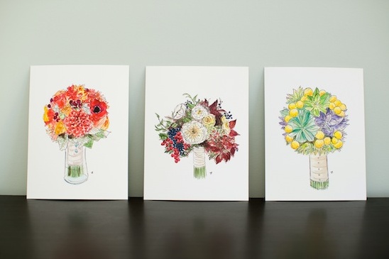 Three watercolor paintings of vibrant wedding bouquets
