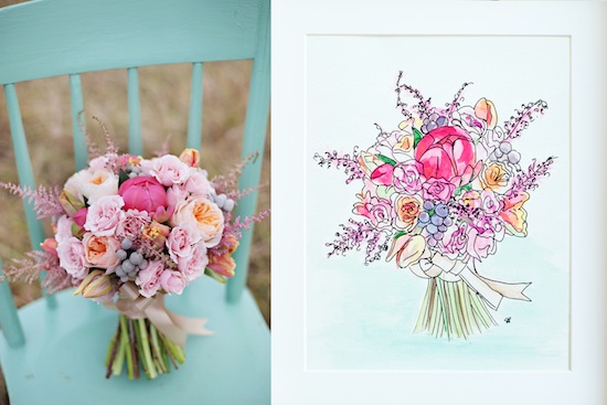 Bridal bouquet on chair next to bouquet sketch