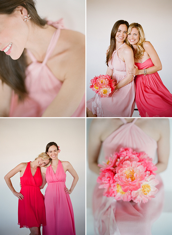 Pink bridesmaid dresses and bouquets