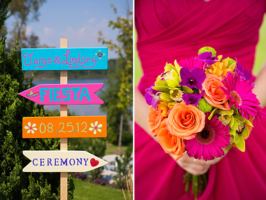 Bright destination wedding signs and vibrant flower bouquet