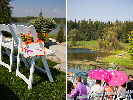 Reserved seating at outdoor lakeside wedding ceremony
