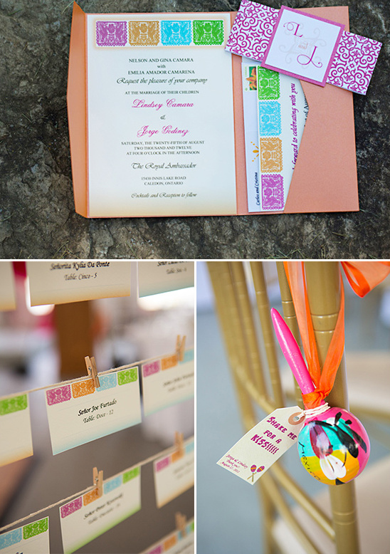 Wedding invitation and seating cards with maracas favors