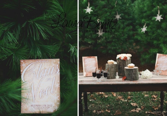 Christmas wedding invitation and rustic dessert table