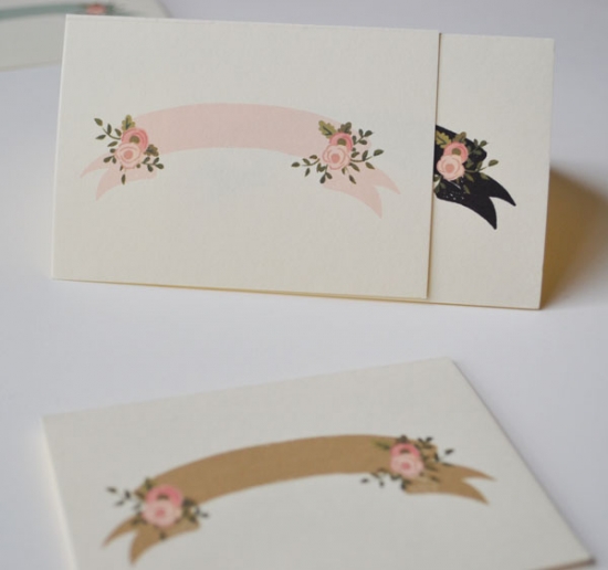 Floral banner cards, pastel and gold, wedding stationary