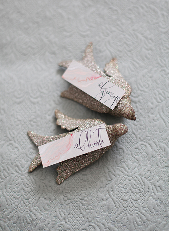 Elegant silver birds with handwritten names