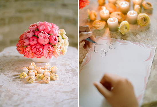 Pink peonies and candles, love note