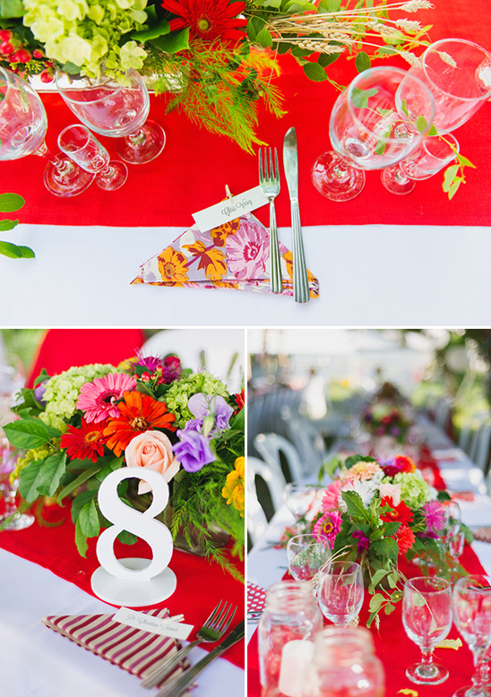 Festive wedding table setting with bright flowers