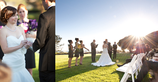 Bride and groom exchanging rings at outdoor wedding