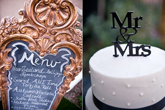 Wedding menu and cake with Mr & Mrs topper