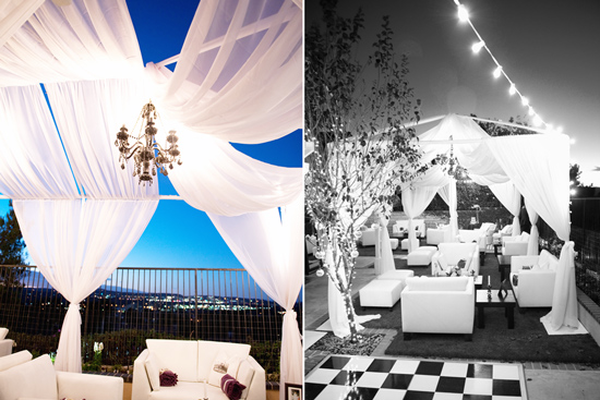 Elegant white draped outdoor wedding reception area
