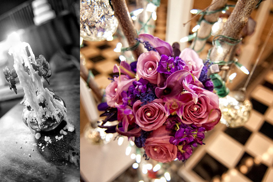 Purple and pink wedding bouquet with candles
