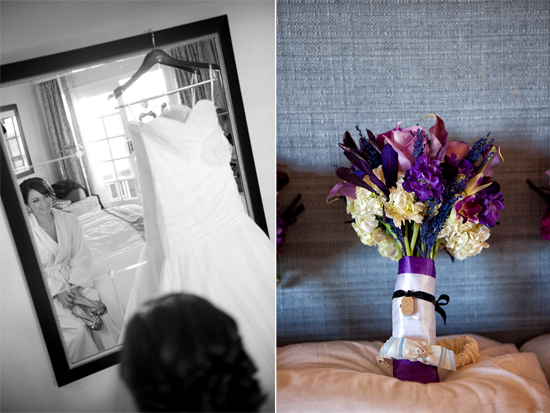 Bride getting ready with dress and purple flower bouquet