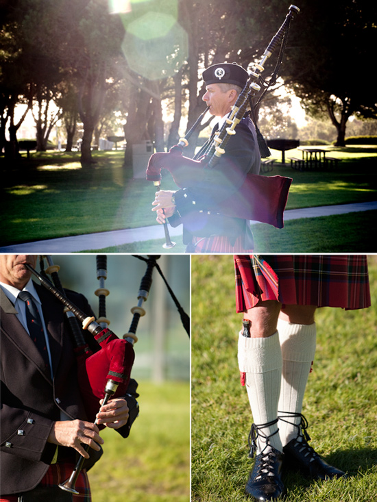 Bagpiper in traditional Scottish kilt playing bagpipes outdoors