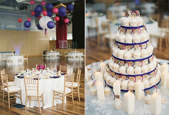 Elegant wedding reception with cupcake tower and balloons