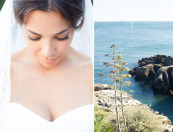 Beautiful bride in wedding dress by the ocean