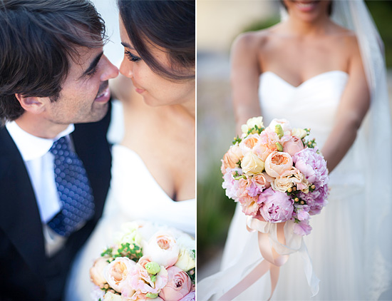 Romantic wedding couple and pastel bridal bouquet