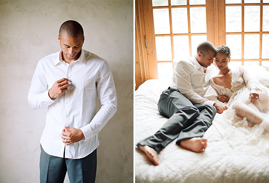 Groom getting ready and couple relaxing on wedding day