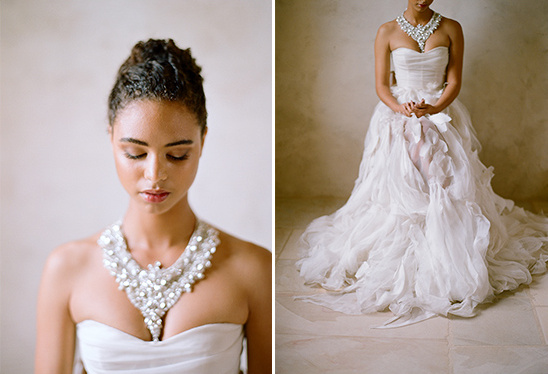 Elegant bride in stunning white gown and dazzling necklace