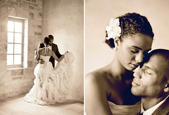 Romantic sepia-toned wedding photos of a happy couple